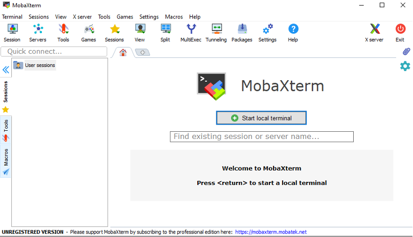 MobaXTerm homescreen